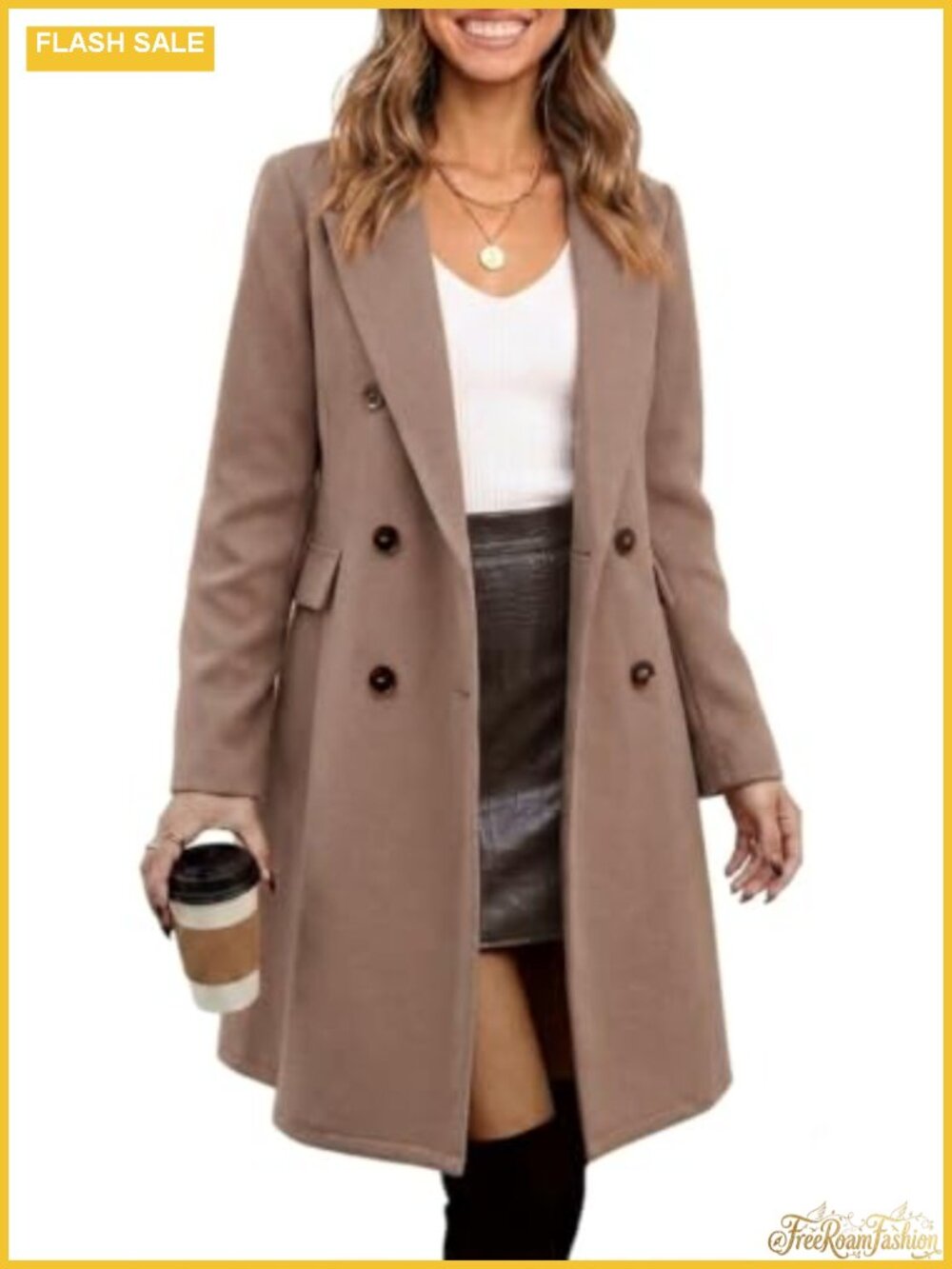 Womens Double Breasted Wool Coat Fall Winter Notch Lapel Trench Peacoat